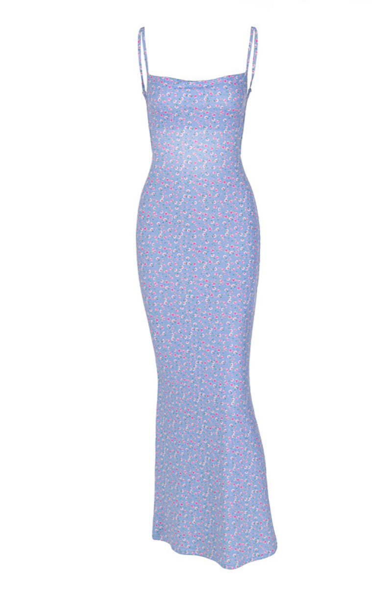 Floral Print Backless Square Neck Vacation Slip Maxi Dresses