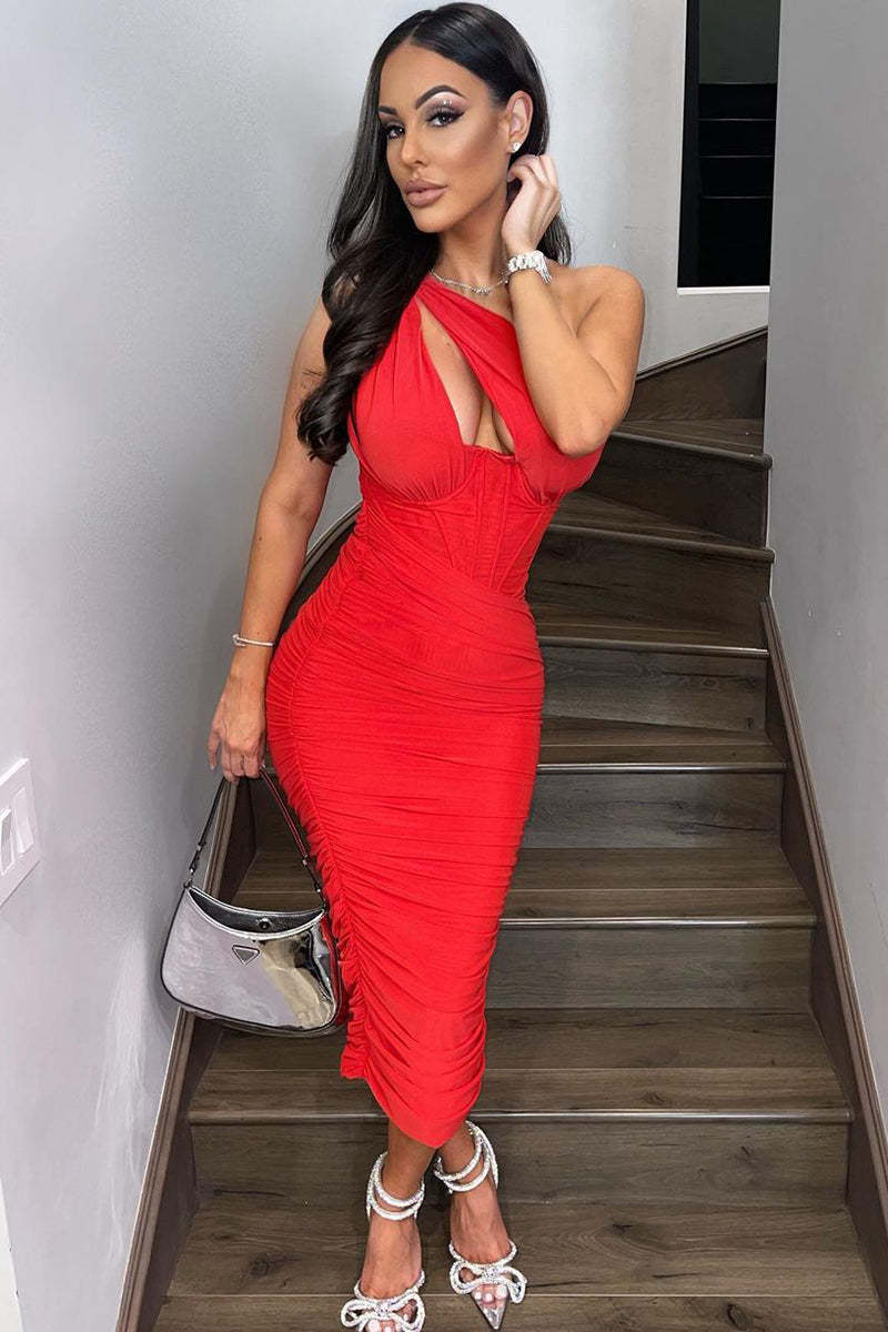 One Shoulder Front Cut Out Corset Ruched Party Midi Dresses