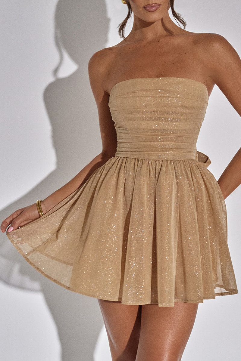Boat Neck Strapless A-Line Back Bow Sparkling Mini Dresses-Gold