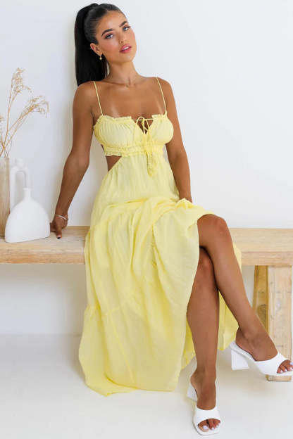 Tied Up Backless Ruched Tiered Pleated Slip Maxi Dress