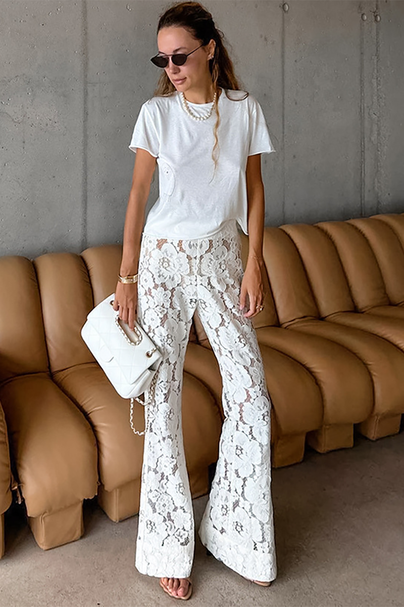 Floral Jacquard Lace Flare Pants-White