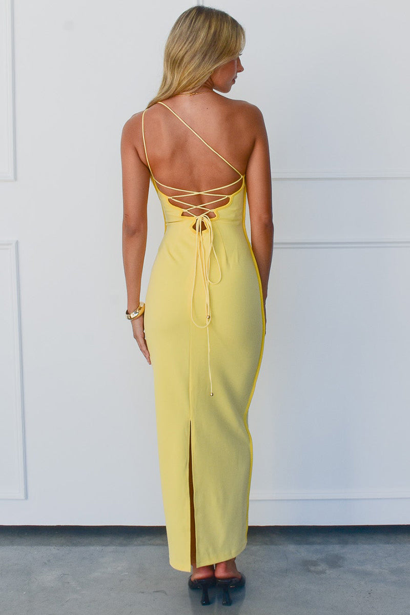 One Shoulder Backless Lace Up Slim Fit Maxi Dresses-Yellow