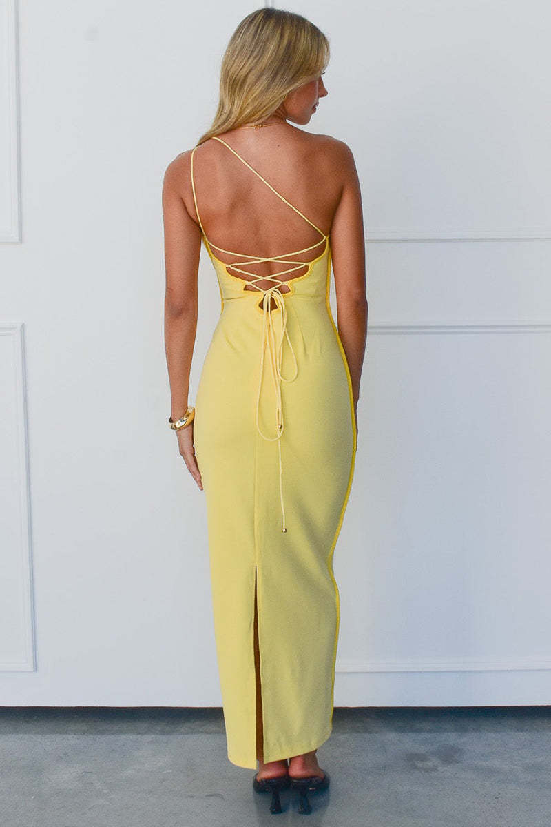 One Shoulder Backless Lace Up Slim Fit Maxi Dresses-Yellow