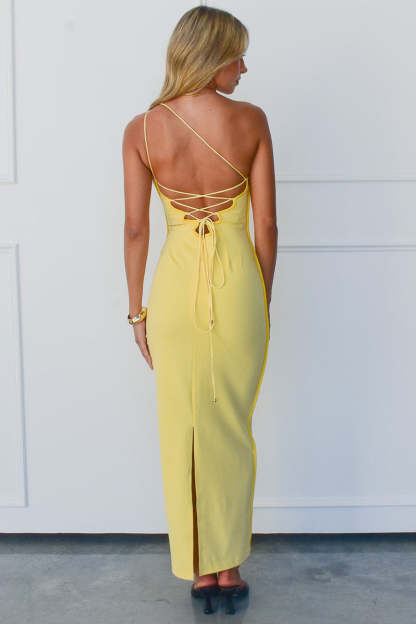 One Shoulder Backless Lace Up Slim Fit Maxi Dresses-Yellow