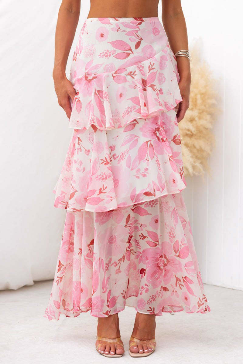 Floral Print Cami Crop Top Layered Maxi Skirt Matching Set-Pink