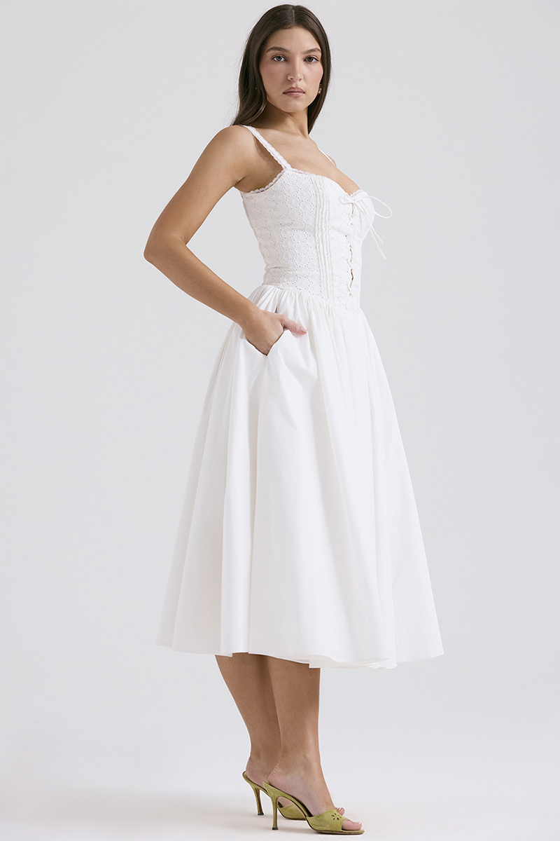 Lace Trim Front Lace Up Corset A-Line Slip Midi Dresses-White Pre Order