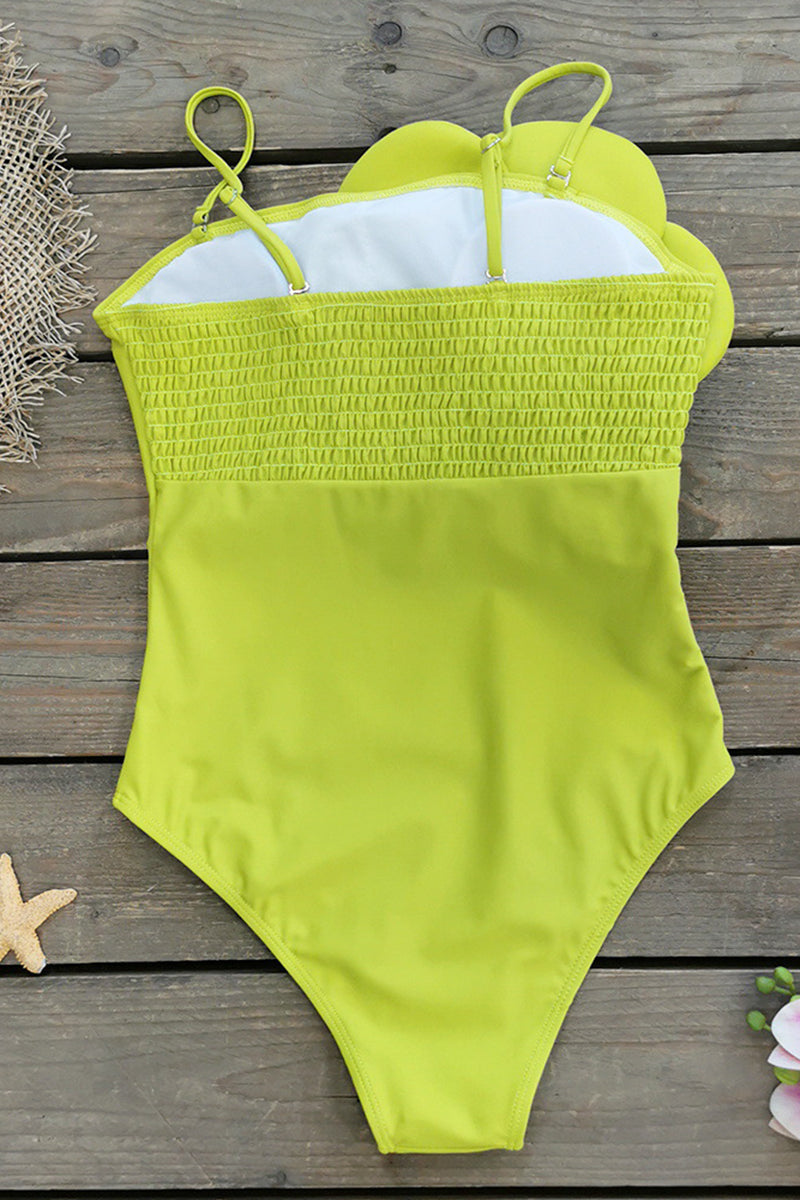 3D Floral Decor One-Piece Swimsuit Twisted Maxi Skirt Swimwear Set-Green