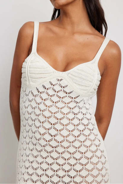 Crochet Irregular Neck Cami Hollow Out High Slit White Cover Up Maxi Dresses