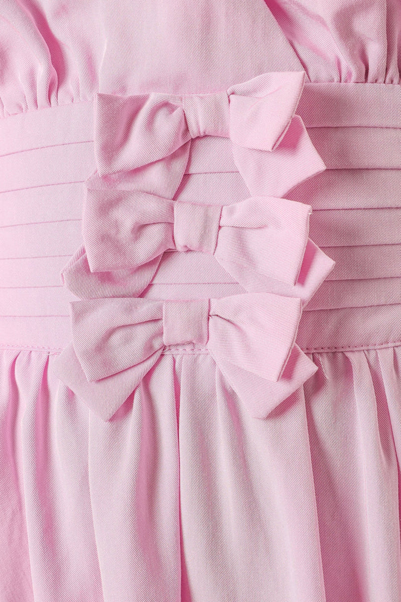 V Neck Halter Backless Bow Pleated Waist A-Line Mini Dresses-Pink Pre Order