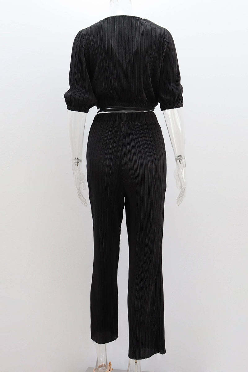 Haif Puffy Sleeve V Neck Tied Up Crop Top Straight Leg Pants Pleated Slim Matching Sets