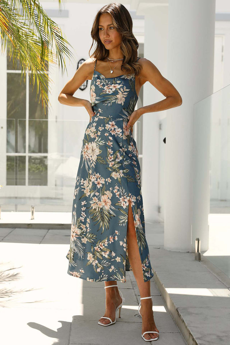 Vacation Cami Boat Neck Floral Print Slit Satin Vacation Midi Dress