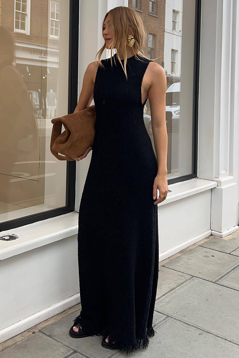 Knit Round Neck Slim Fit Fishtail Fringed Hemline Maxi Tank Dresses-White