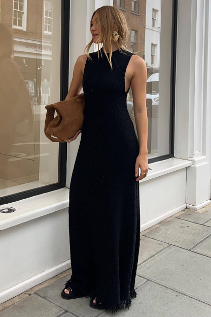 Knit Round Neck Slim Fit Fishtail Fringed Hemline Maxi Tank Dresses-White