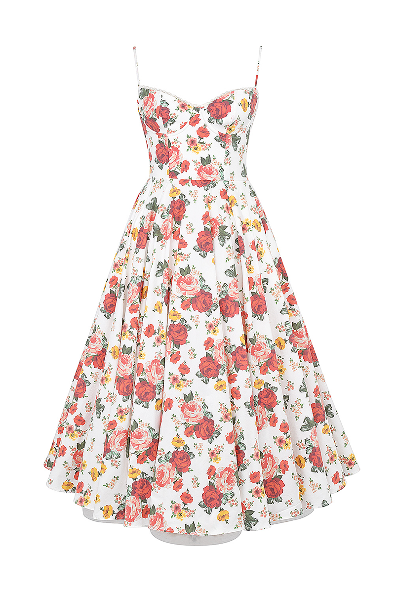 Floral Print Corset Spaghetti Strap Midi Dresses-White