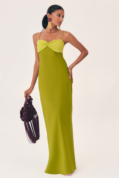 Colorblock Slim Fit Spaghetti Strap Maxi Dresses-Green