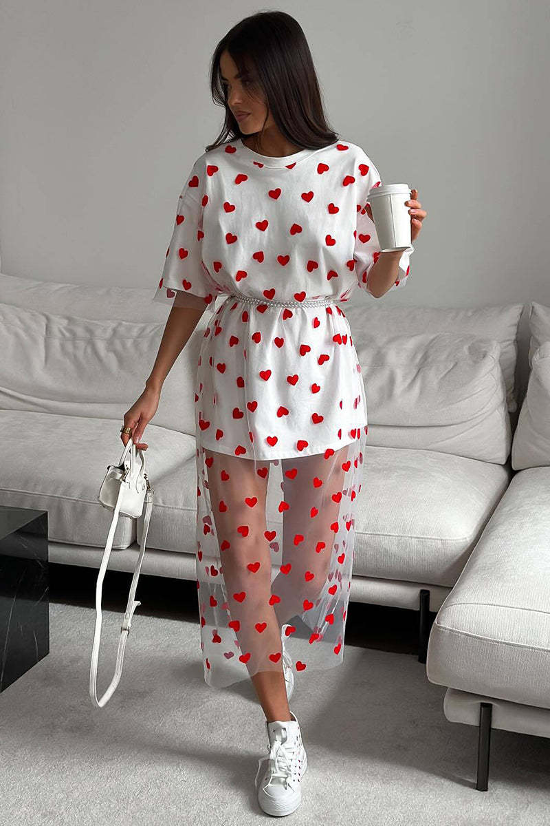 Heart Print Mesh Patchwork Short Sleeve T-shirt Midi Dresses-White