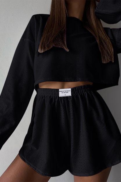 Solid Color Hollow Out Long Sleeve Crop Top Casual Shorts Matching Set-White