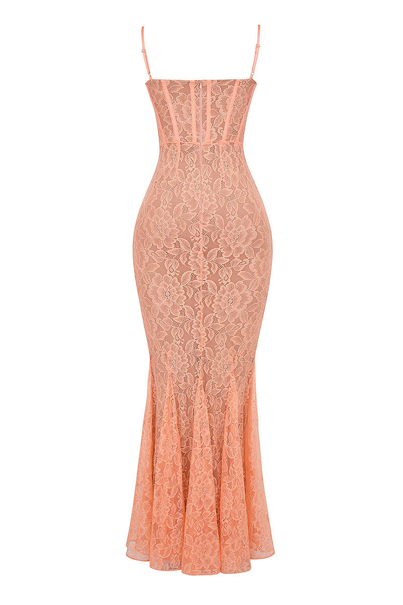 Floral Guipure Lace Corset Party Fishtail Maxi Slip Dresses-Coral