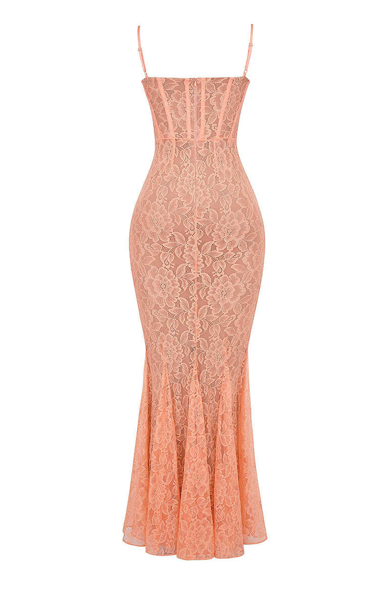 Floral Guipure Lace Corset Party Fishtail Maxi Slip Dresses-Coral