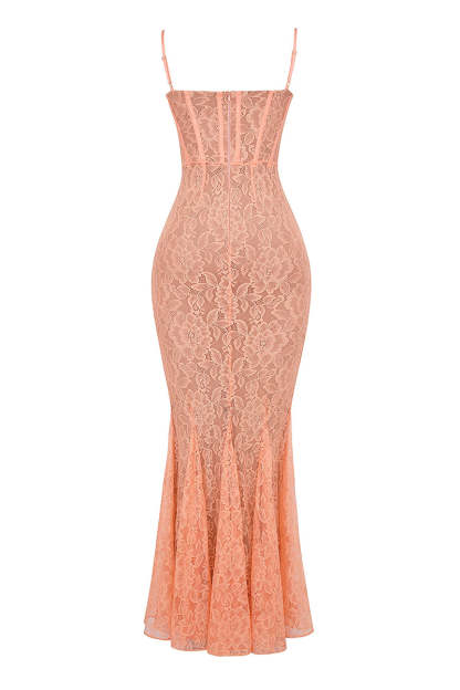 Floral Guipure Lace Corset Party Fishtail Maxi Slip Dresses-Coral