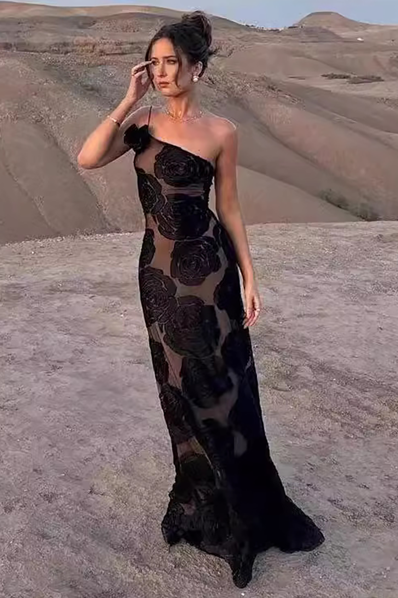 Floral Pattern 3D Flower Decor One Shoulder Sleeveless Maxi Dresses-Black