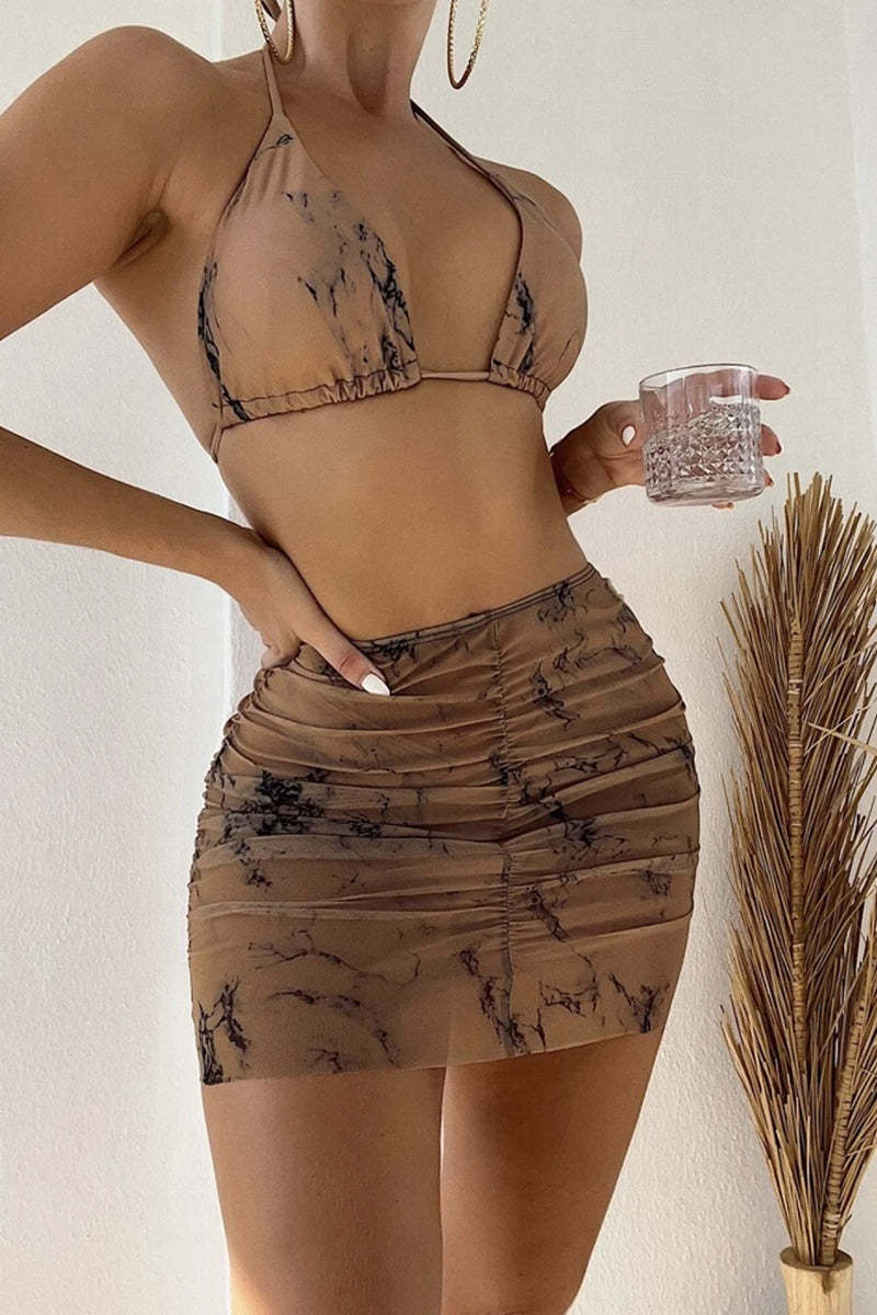 Halter Pattern Print Ruched Mini Skirt Bikini Three Pieces Set