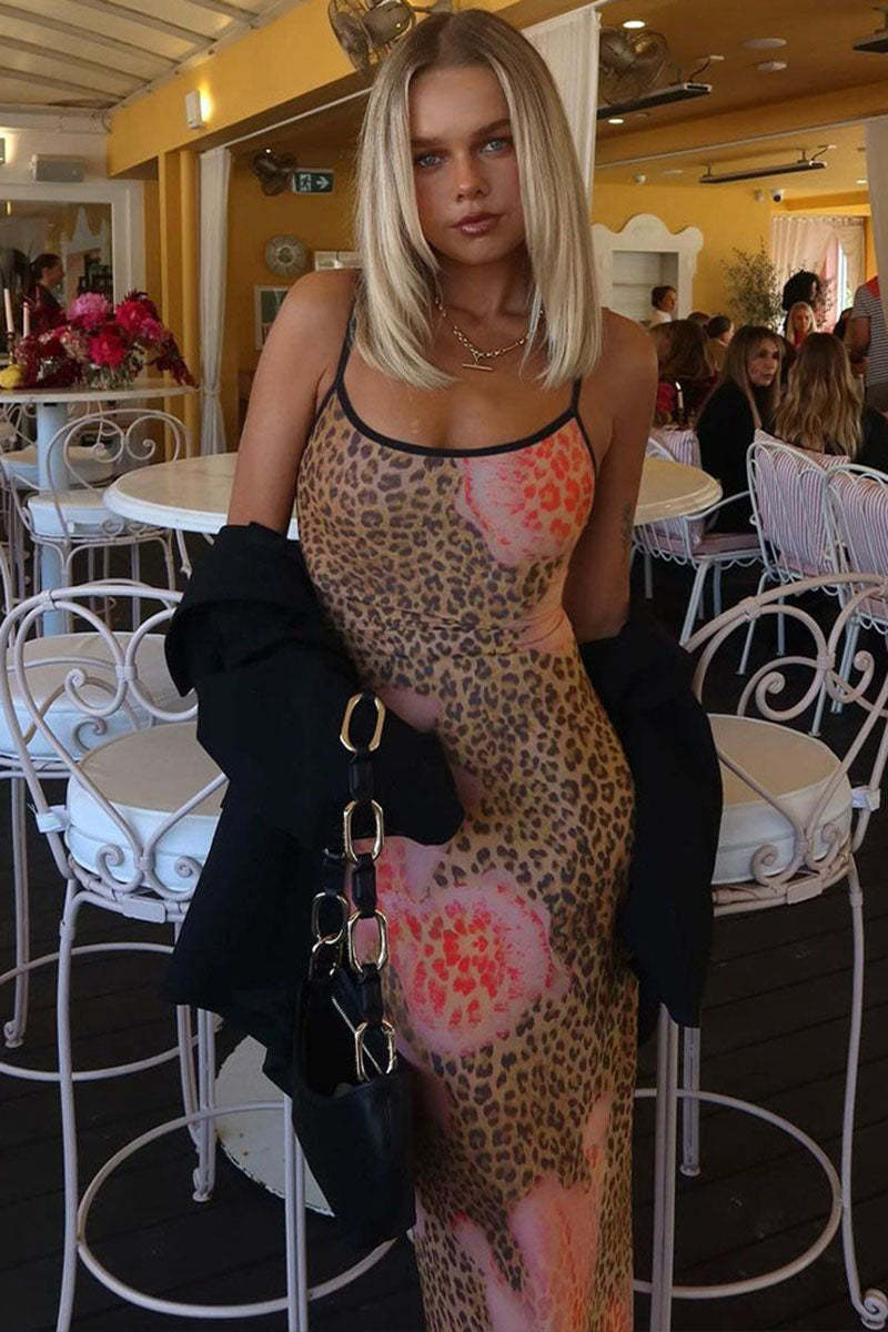 Leopard Print Slim-Fit Cocktail Party Maxi Slip Dresses-Brown