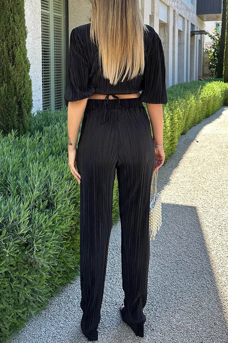 Haif Puffy Sleeve V Neck Tied Up Crop Top Straight Leg Pants Pleated Slim Matching Sets