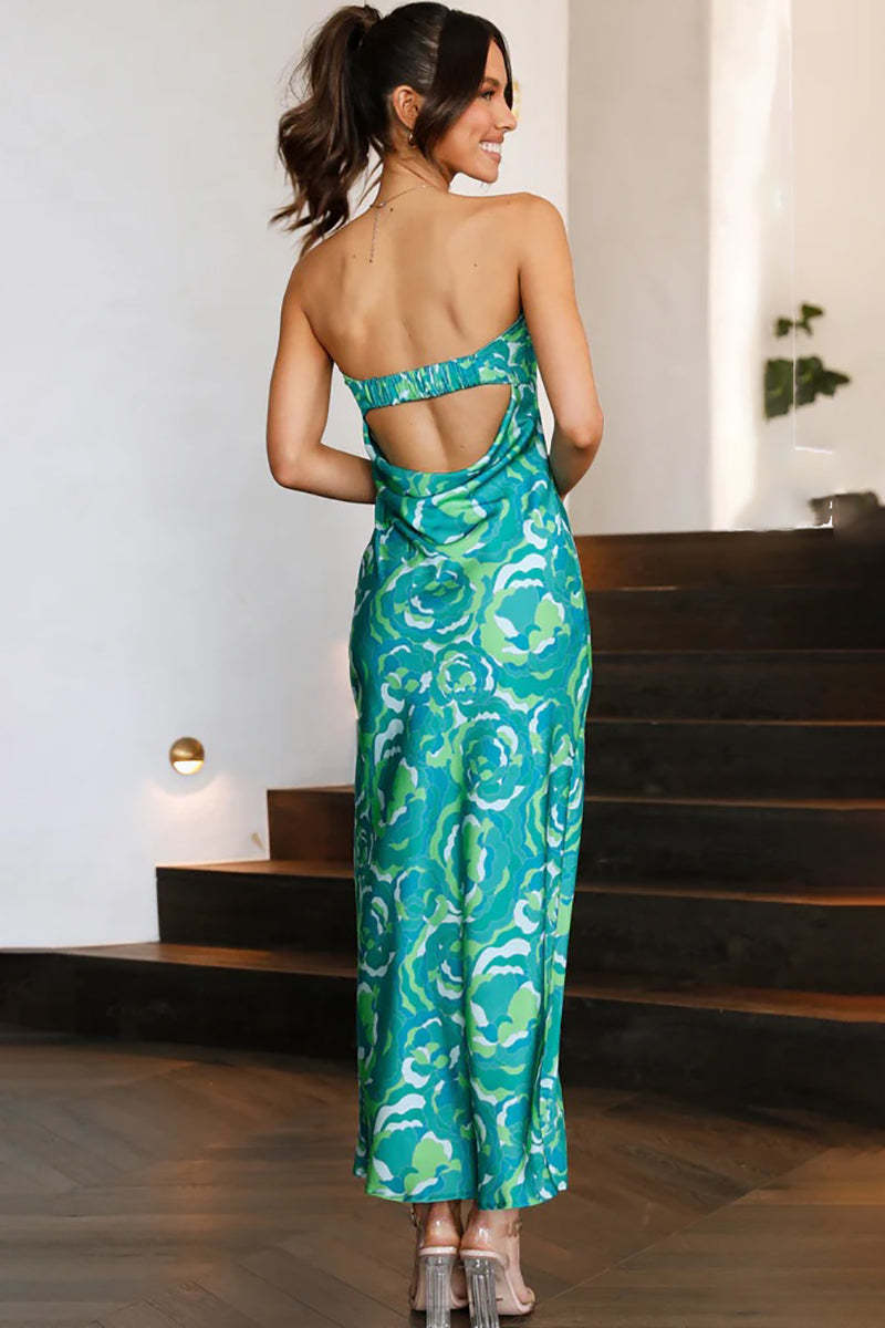 Floral Print Strapless Cut Out Flowy Satin Vacation Maxi Dresses