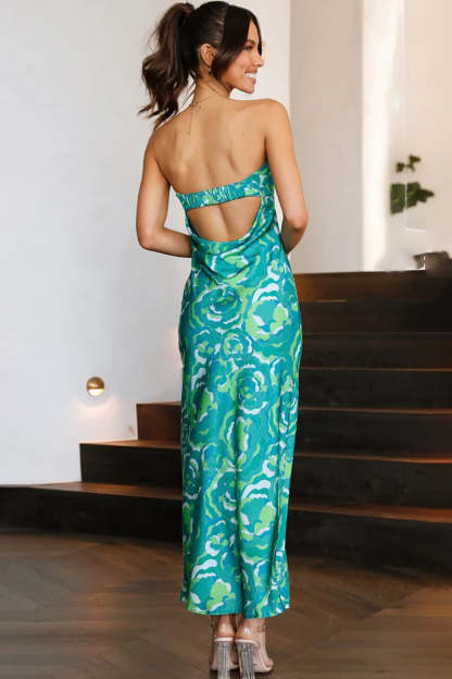 Floral Print Strapless Cut Out Flowy Satin Vacation Maxi Dresses