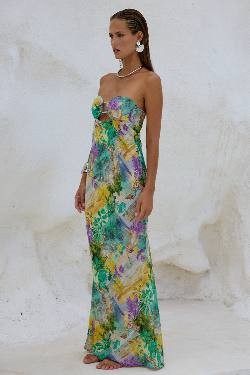Strapless Cutout Floral Print Maxi Dresses-Green