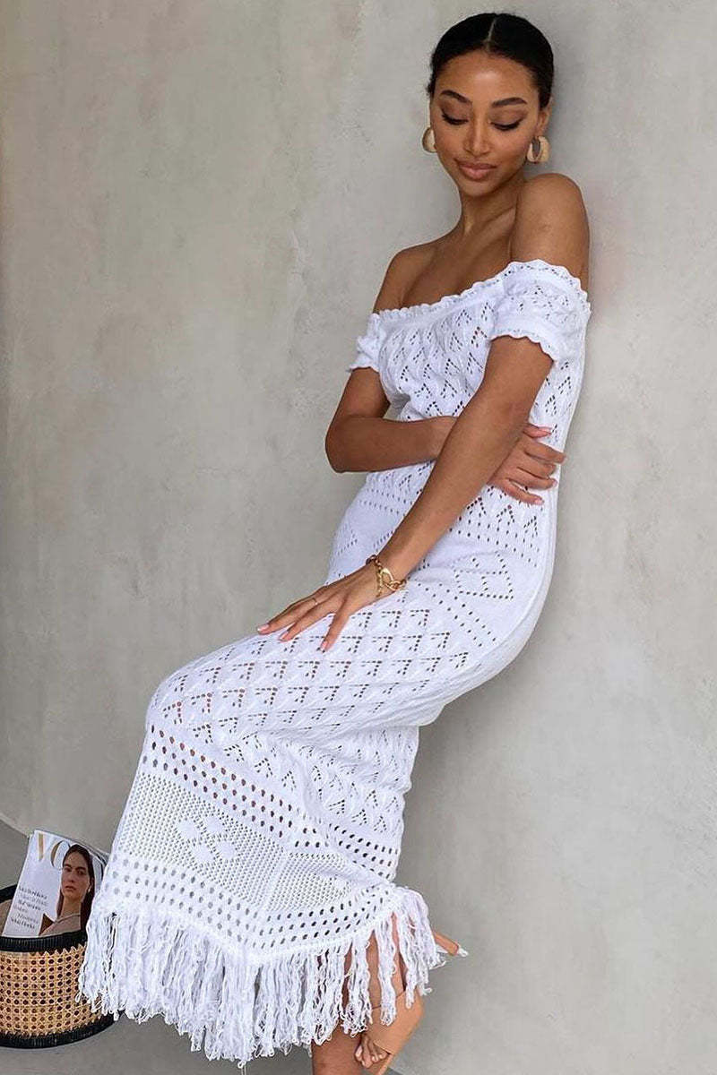 Off Shoulder Hollow Out Boho Knit Fringe Hem Vacation Maxi Dresses-White