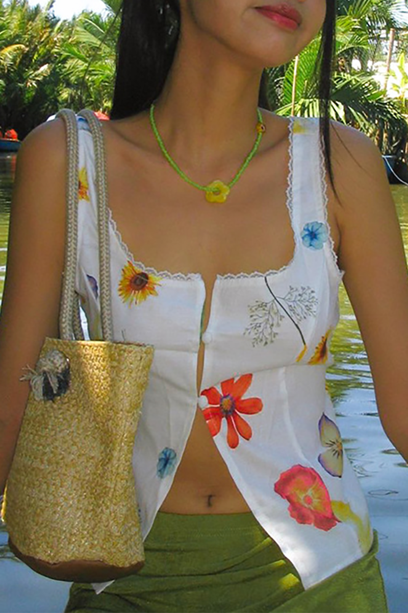 Floral Print Lace Trim Square Neck Button Up Slit Tank Top-White