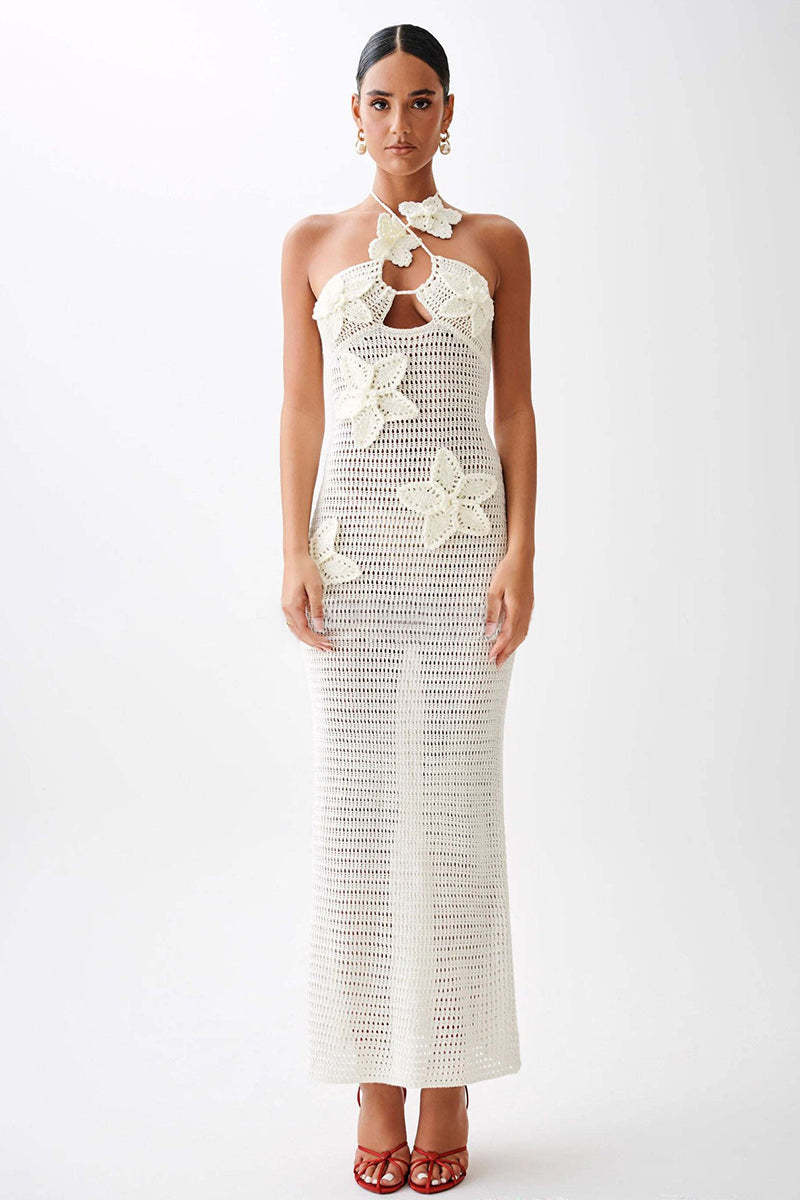 3D Flower Decor Slim Fit Backless Knit Halter Maxi Dresses-Blue