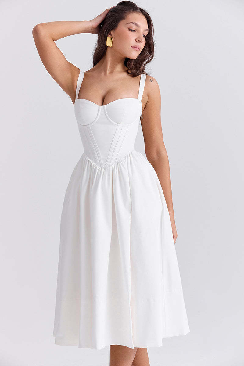 Spaghetti Strap Corset Lace Up Pocket Slit Midi Dresses-White
