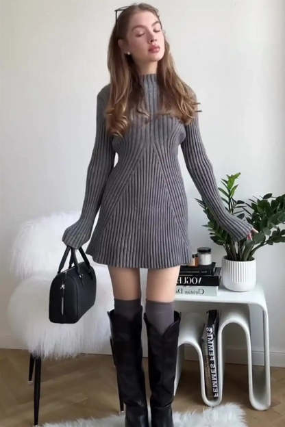 Pleated Knit Mock Neck Long Sleeve A-Line Slim Fit Sweater Mini Dresses-White