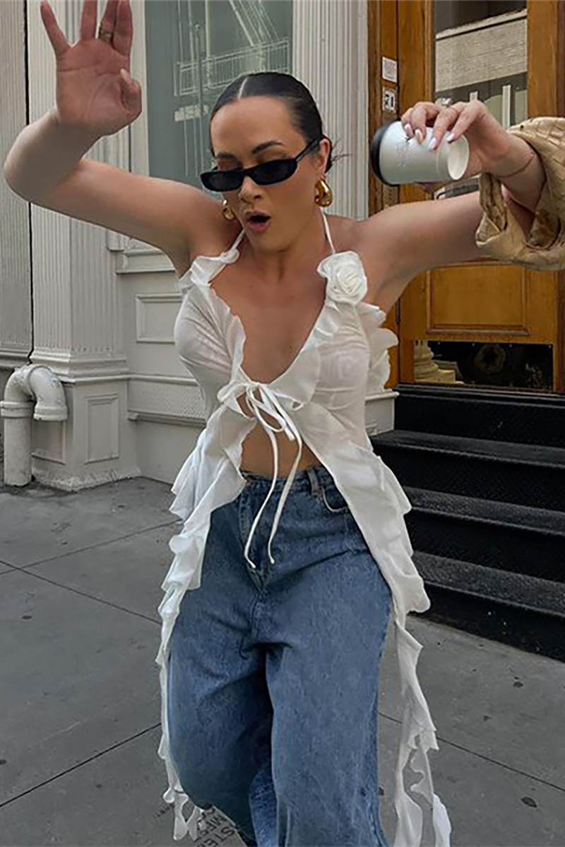 Deep V Neck 3D Flower Decor Halter Asymmetrical Ruffled Top-White