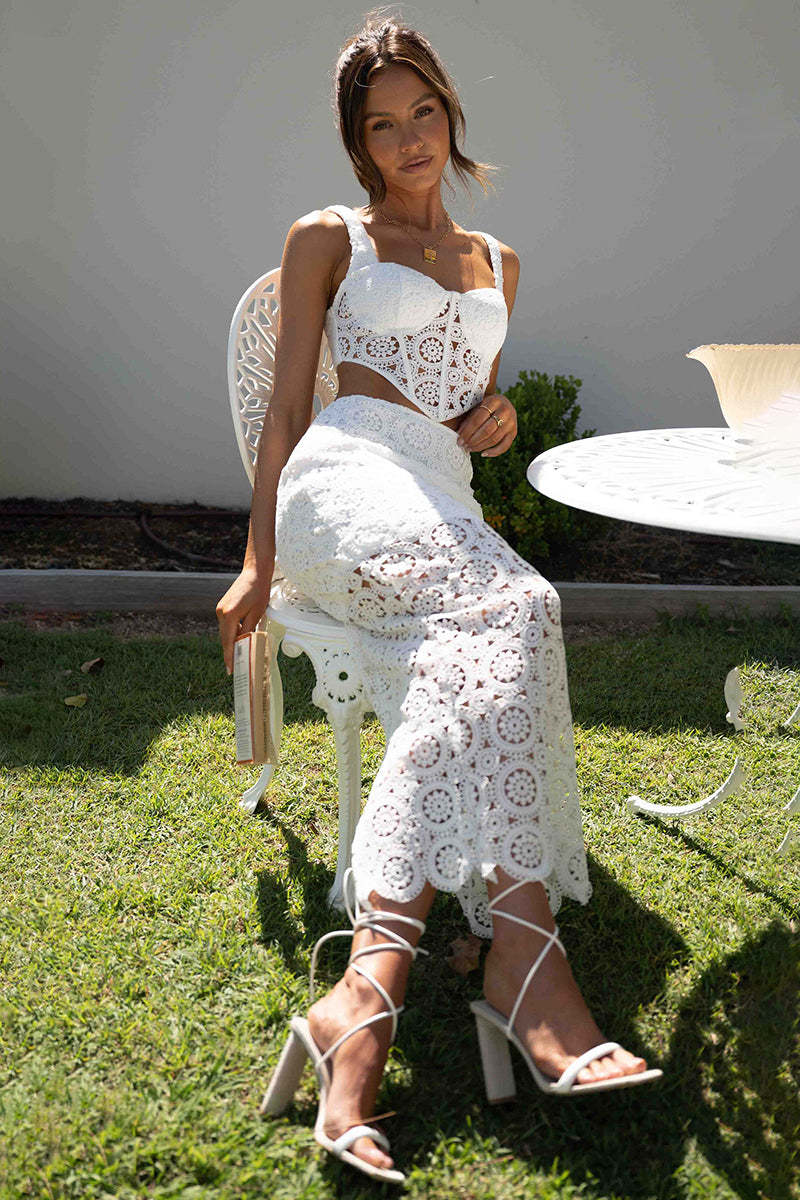 Lace Cami Corset Crop Top Fishtail Slit Midi Dress Vacation Matching Set