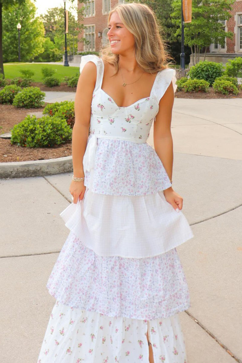 Sweetheart Neck Floral Print Patchwork Layered Maxi Dresses-White