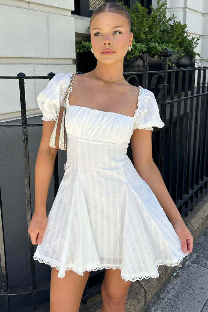Square Neck Puff Sleeve Striped Godets Mini Dresses-White