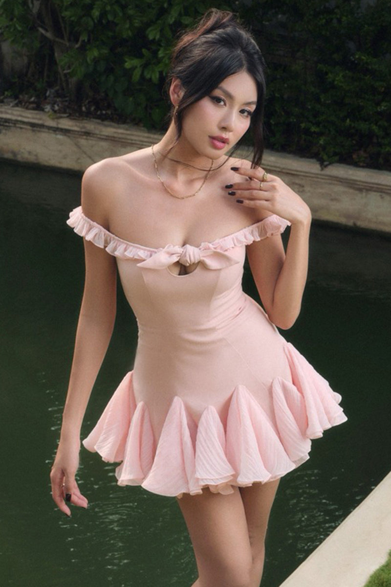 Off Shoulder Ruffle Bow Bodycon Party Godets Mini Dresses-Pink Pre Order