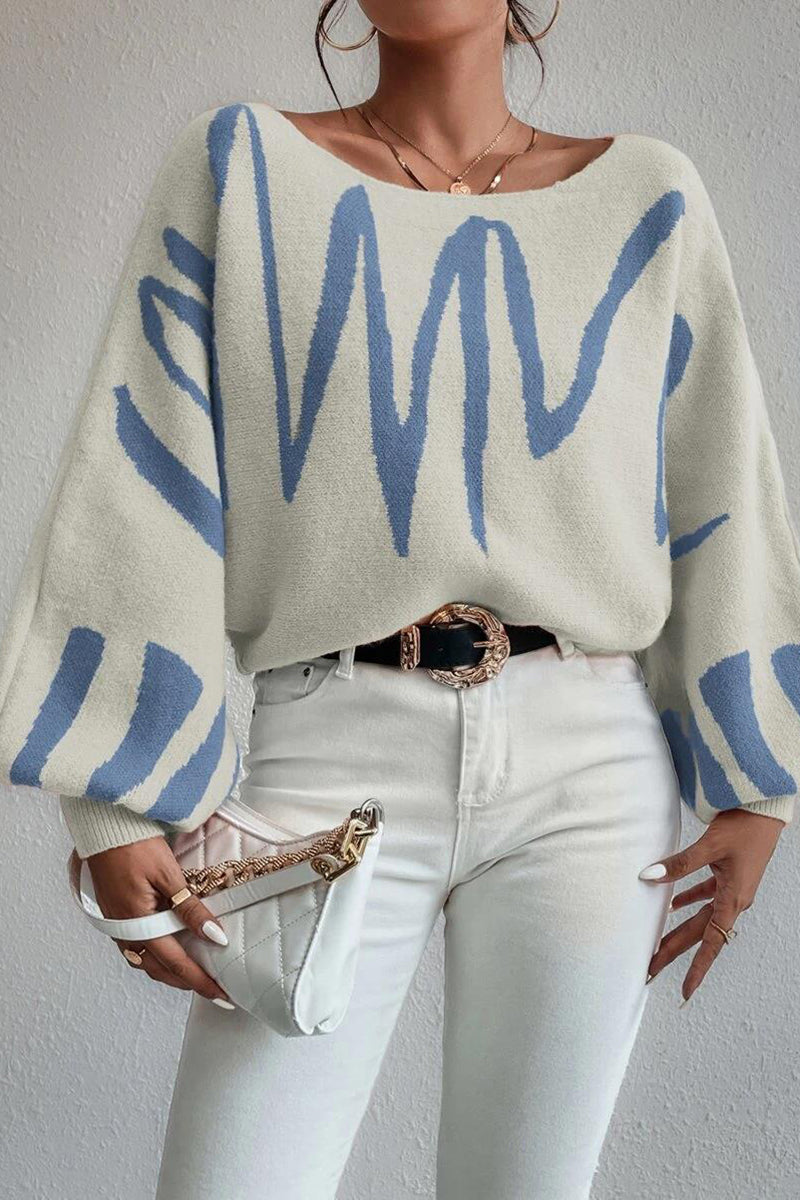 Knit Pattern Print Balloon Sleeve Sweater-Blue