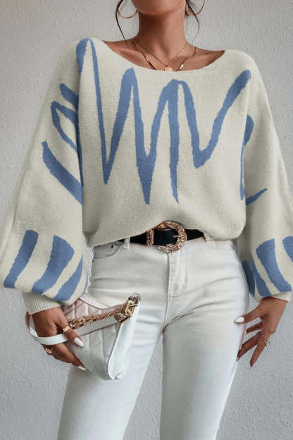 Knit Pattern Print Balloon Sleeve Sweater-Blue