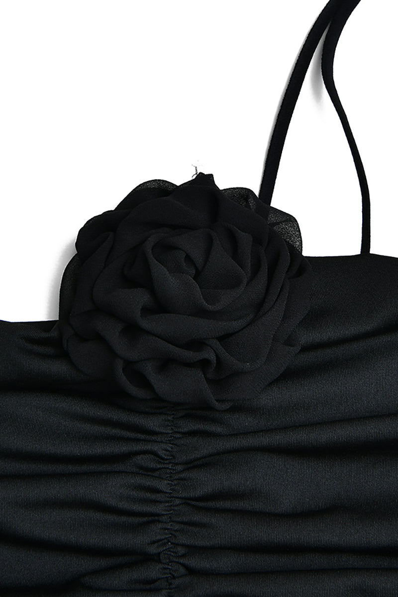 Cami 3D Flower Decor Ruched Backless One Shoulder Bodycon Wedding Guest Maxi Dresses