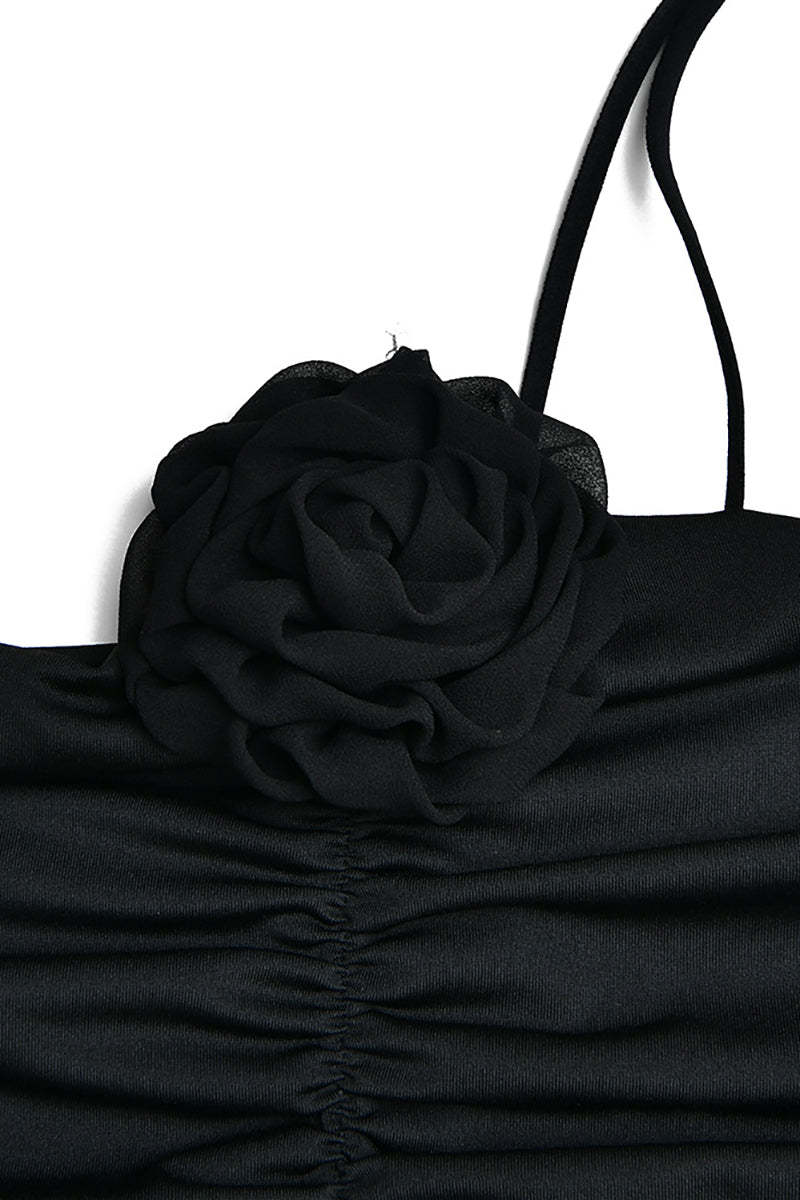 Cami 3D Flower Decor Ruched Backless One Shoulder Bodycon Wedding Guest Maxi Dresses