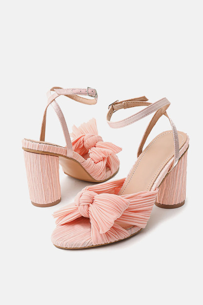 Pleated Bow Ankle Strap Chunky High Heel Sandals