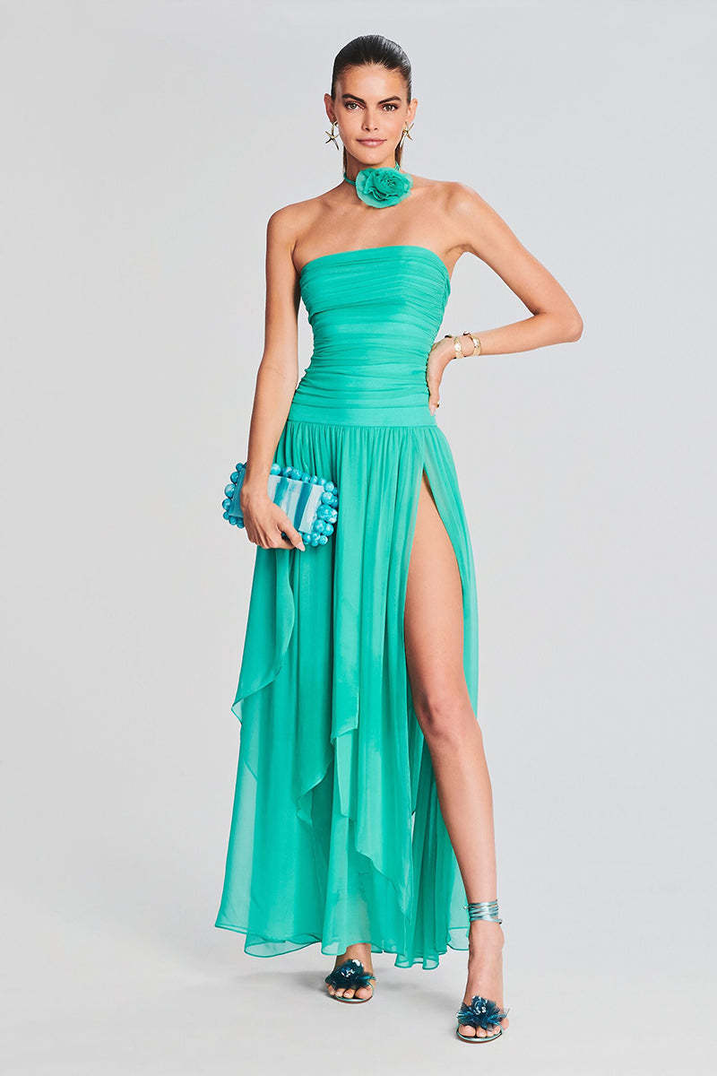 Strapless Boat Neck Ruched Pleated High Slit Tulle Formal Party Maxi Dresses