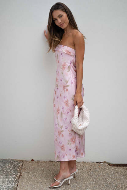 Backless Folded Bust Floral Print Satin Tube Maxi Dresses