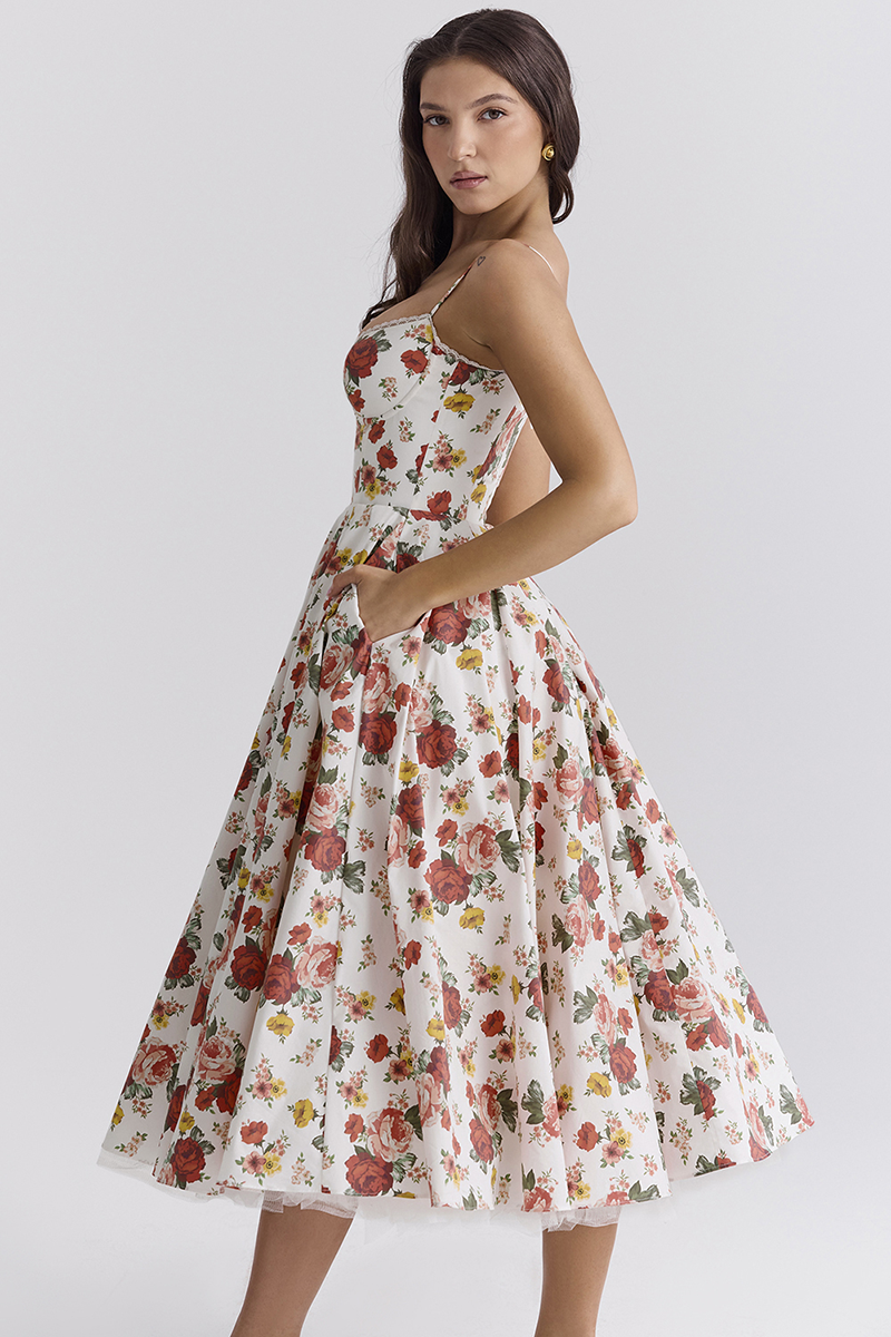 Floral Print Corset Spaghetti Strap Midi Dresses-White