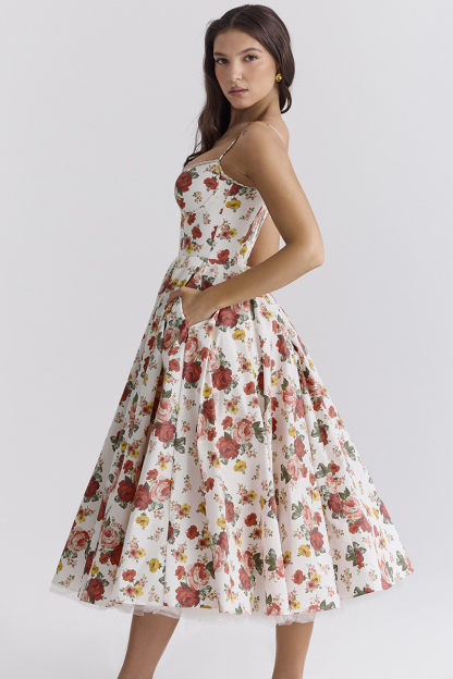 Floral Print Corset Spaghetti Strap Midi Dresses-White